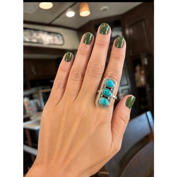 Unbranded Jewelry - Three Stone Turquoise Sterling Silver Ring | Long Southwestern Statement Ring